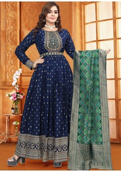  Blue And Green Banarasi Silk Exclusive Gown